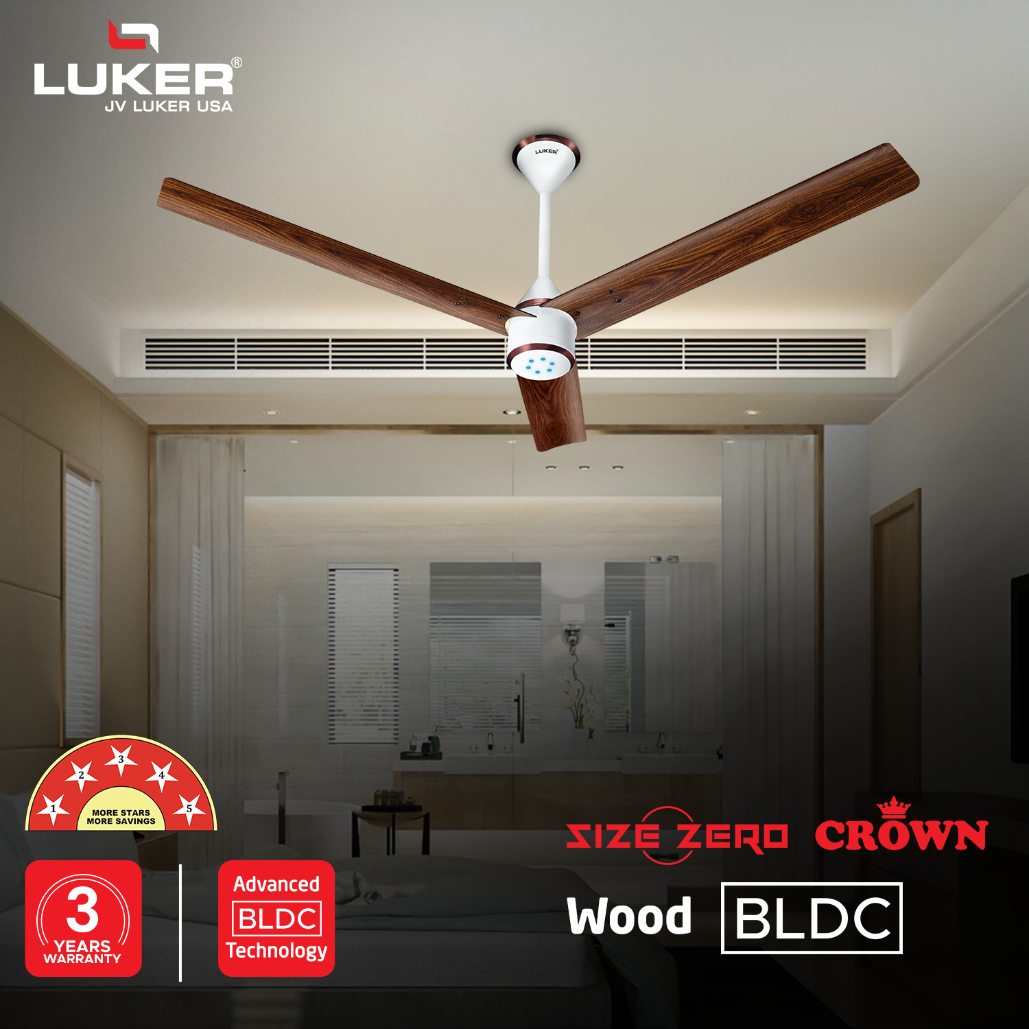 Size Zero Crown Wood BLDC Fan with IR Remote | 3-Year Warranty | 1200 mm | White Teakwood White Copper Finish