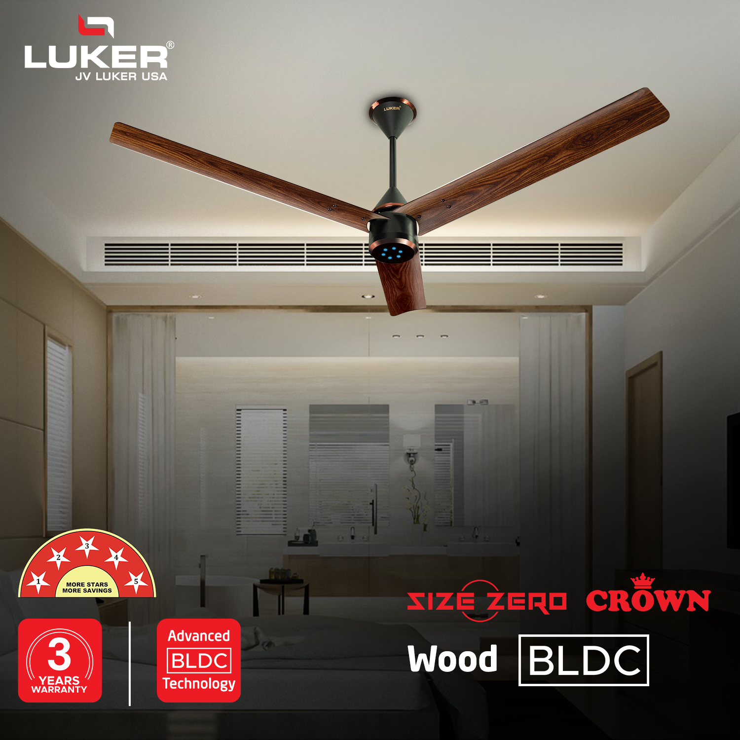 Size Zero Crown Wood BLDC Fan with IR Remote | 3-Year Warranty | 1200 mm | White Teakwood White Copper Finish