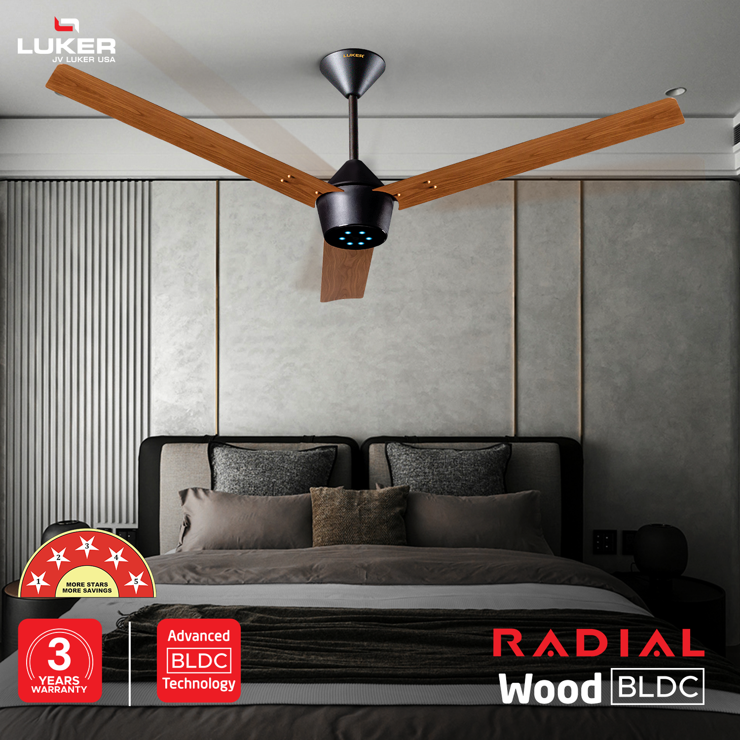 Radial Wood BLDC Ceiling Fan with IR Remote | 3-Year Warranty | 1200 mm