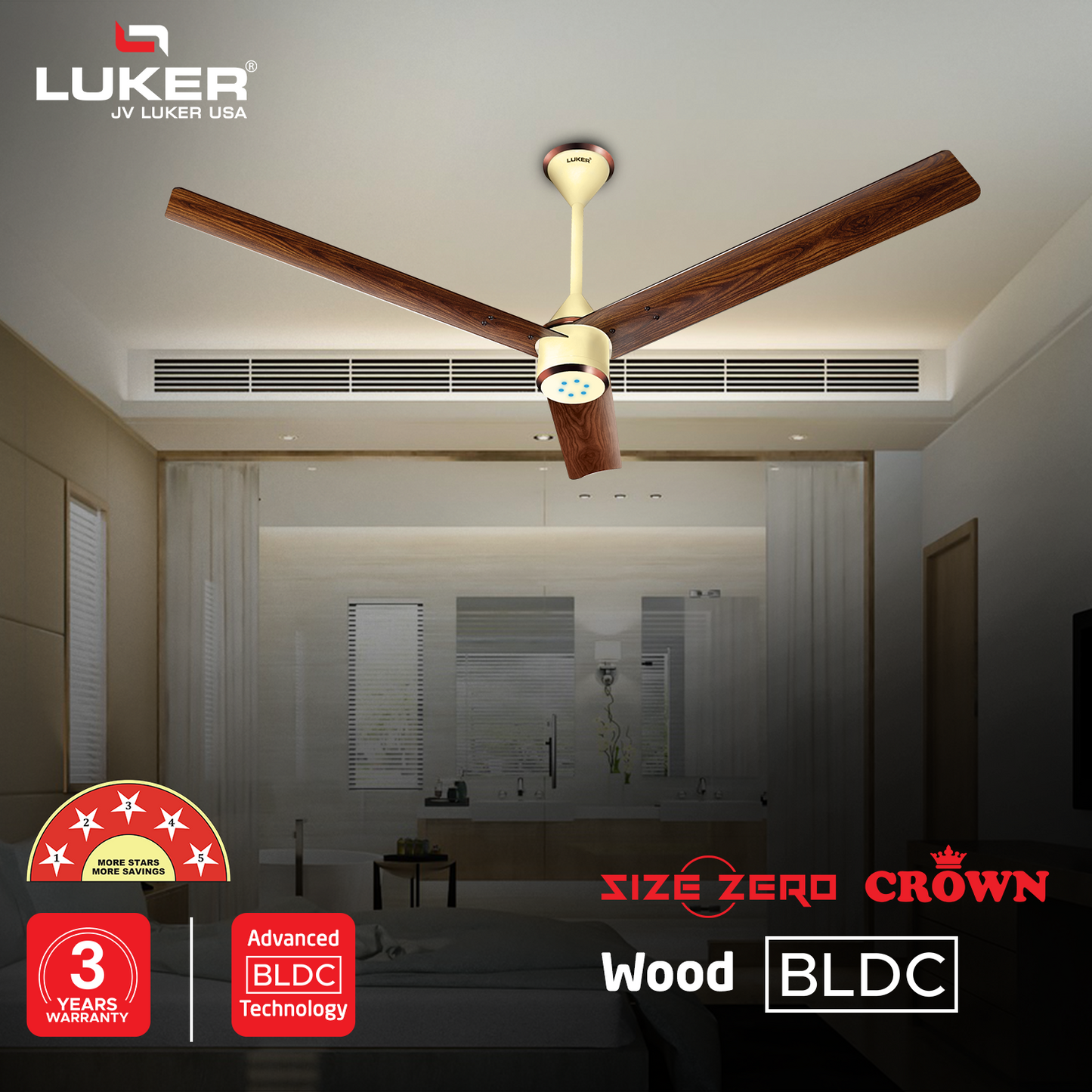 Size Zero Crown Wood BLDC Fan with IR Remote | 3-Year Warranty | 1200 mm | White Teakwood White Copper Finish