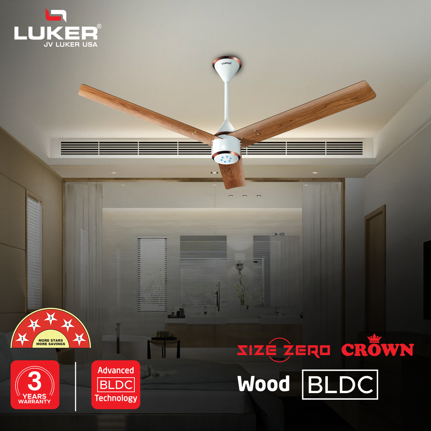 Size Zero Crown Wood BLDC Fan with IR Remote | 3-Year Warranty | 1200 mm | White Teakwood White Copper Finish