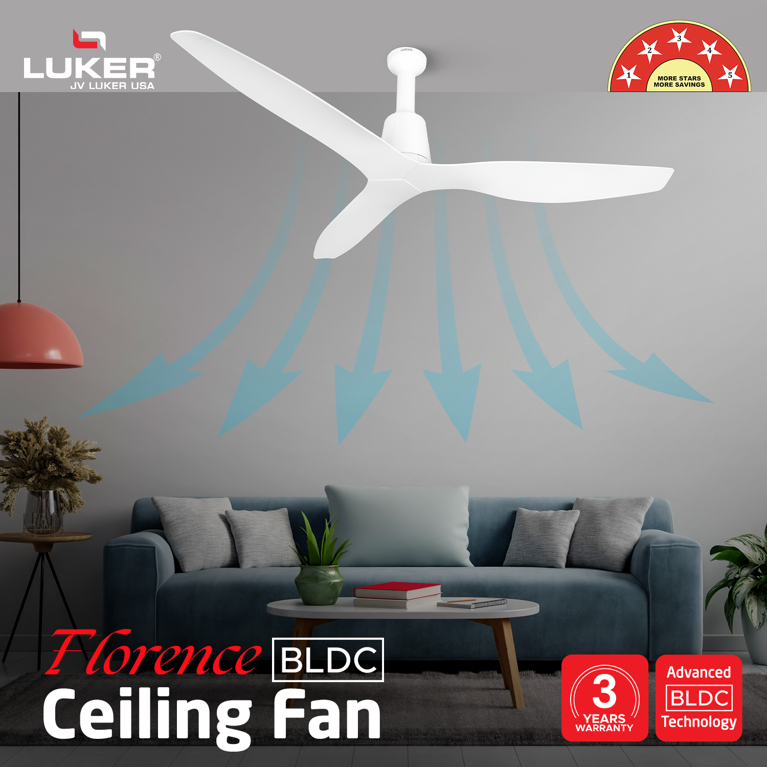 Florence BLDC Fan with RF Remote | 3-Year Warranty | 1320 mm | ABS Blades