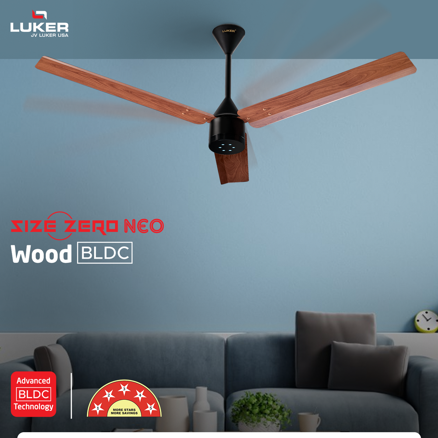 Size Zero Neo Wood BLDC Ceiling Fan with IR Remote | 3-Year Warranty | 1200 mm