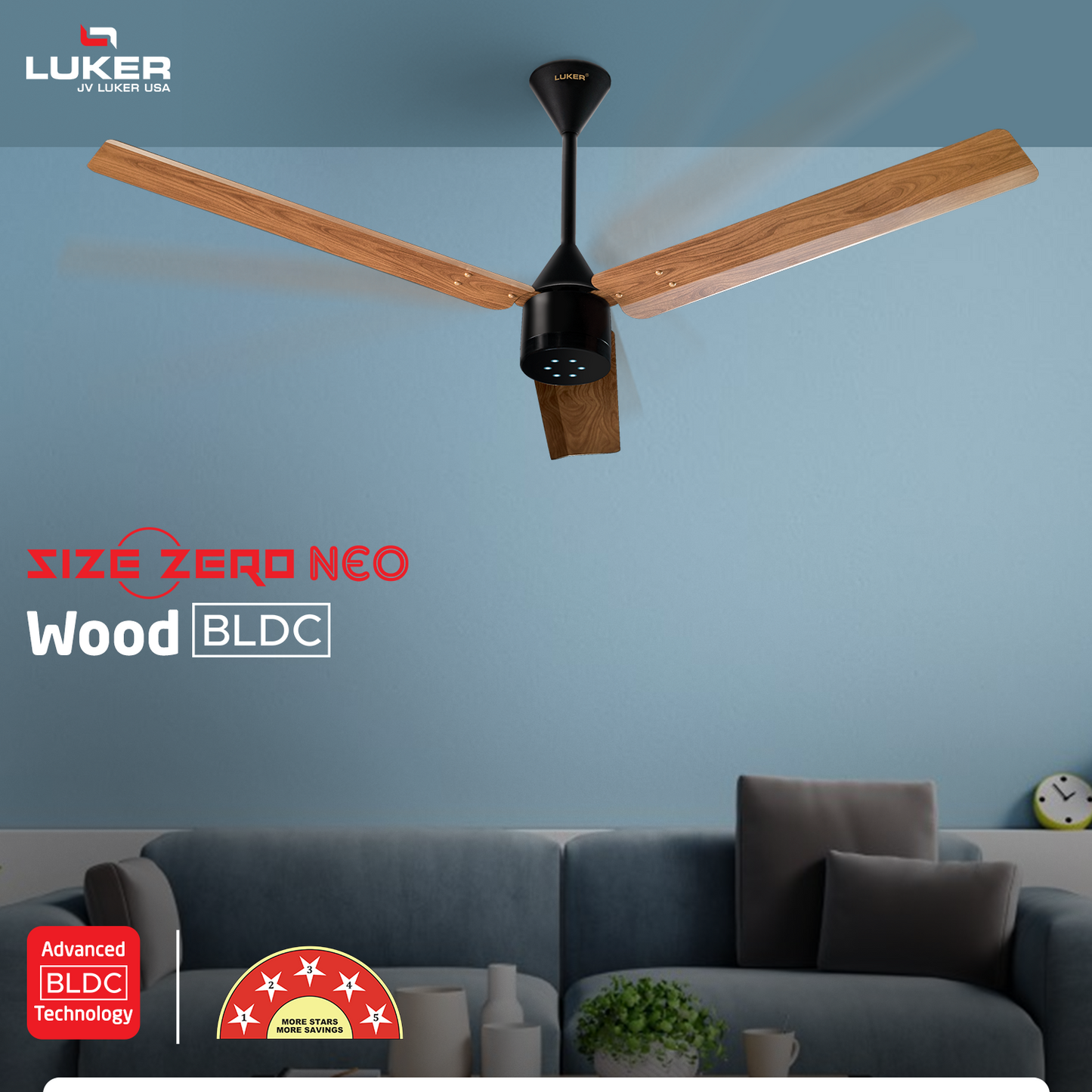 Size Zero Neo Wood BLDC Ceiling Fan with IR Remote | 3-Year Warranty | 1200 mm