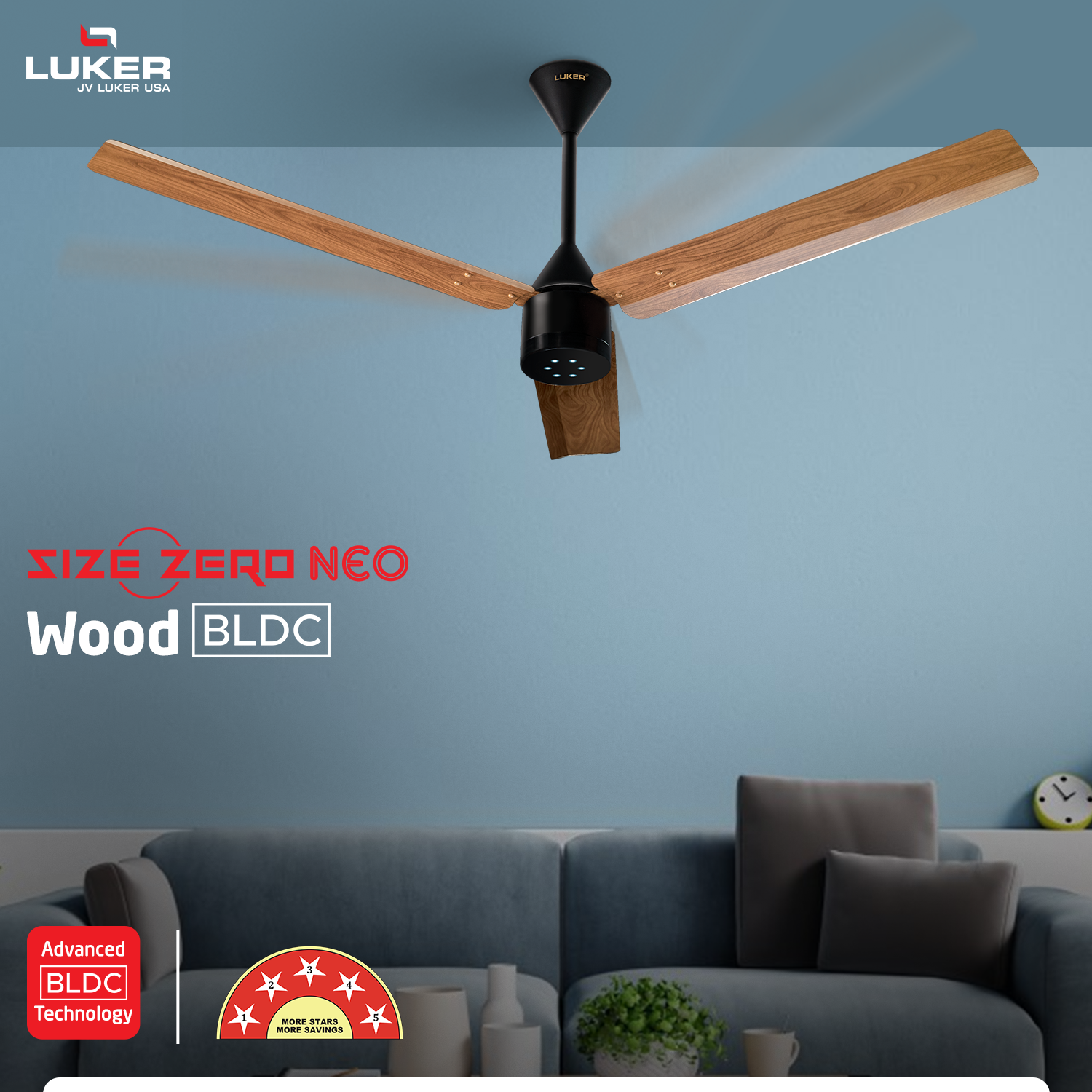 Size Zero Neo Wood BLDC Ceiling Fan with IR Remote | 3-Year Warranty | 1200 mm