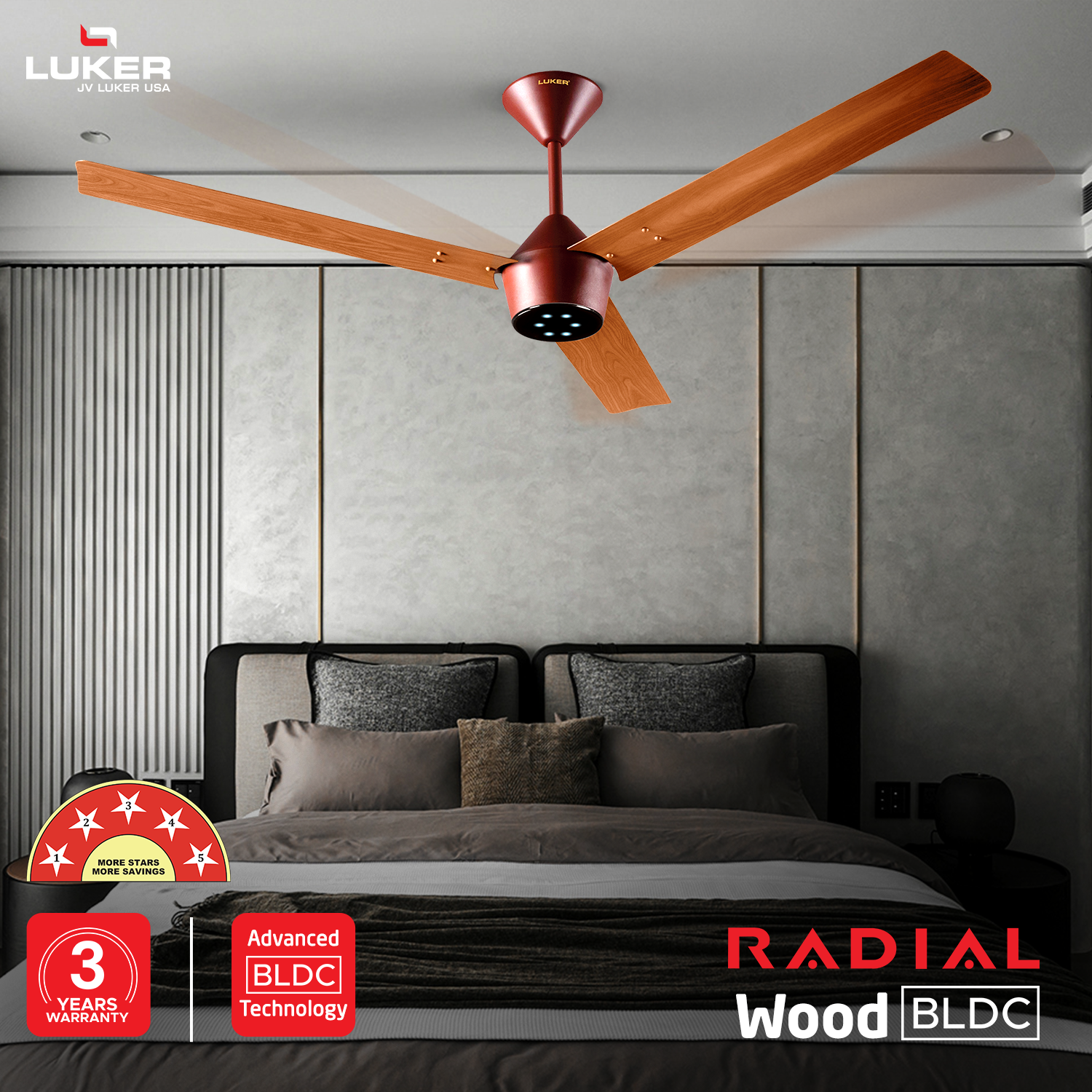 Radial Wood BLDC Ceiling Fan with IR Remote | 3-Year Warranty | 1200 mm