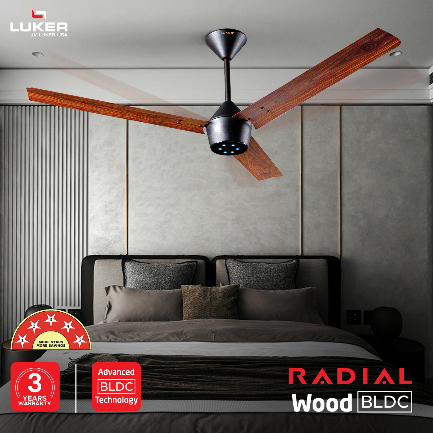 Radial Wood BLDC Ceiling Fan with IR Remote | 3-Year Warranty | 1200 mm