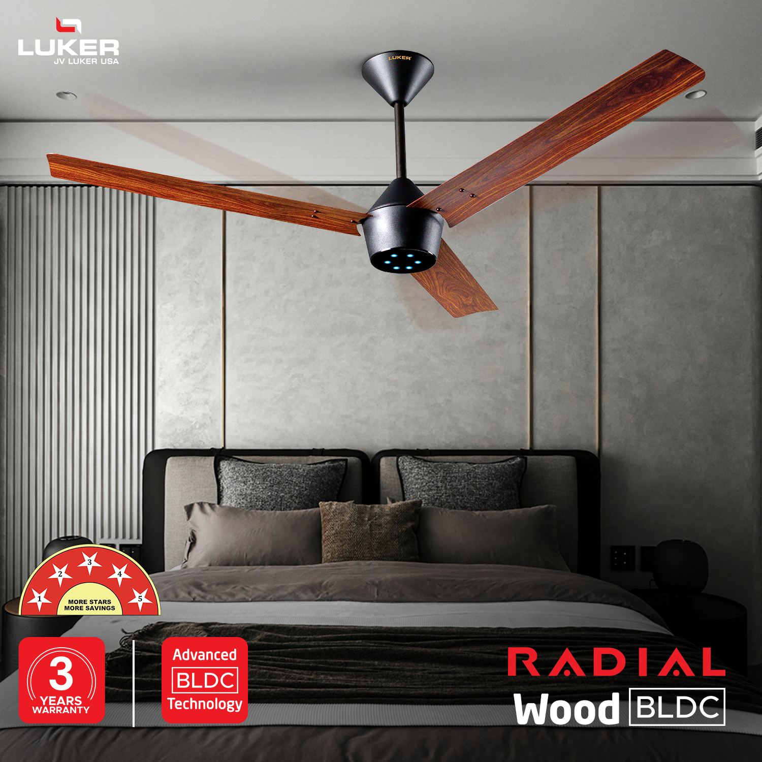Radial Wood BLDC Ceiling Fan with IR Remote | 3-Year Warranty | 1200 mm