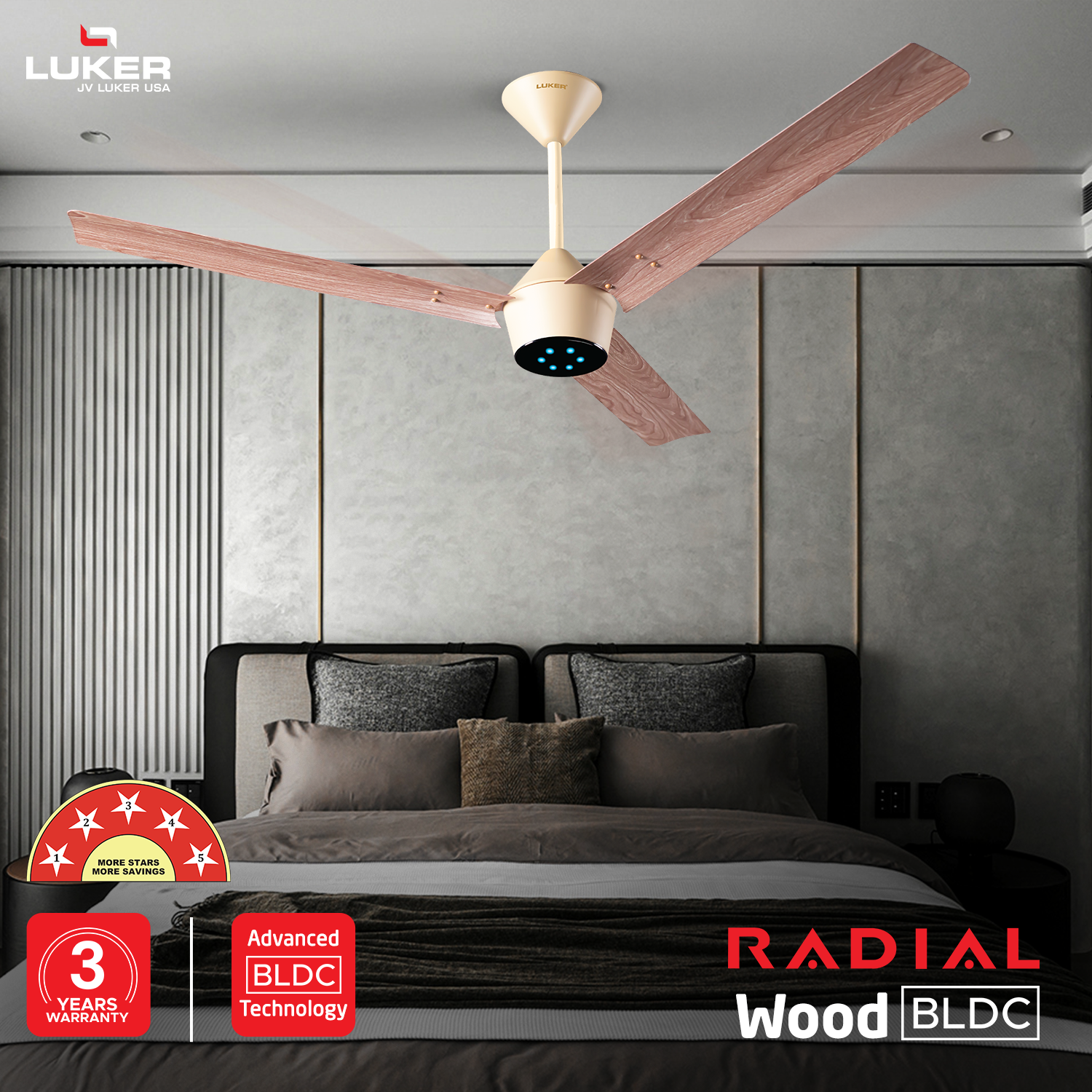 Radial Wood BLDC Ceiling Fan with IR Remote | 3-Year Warranty | 1200 mm