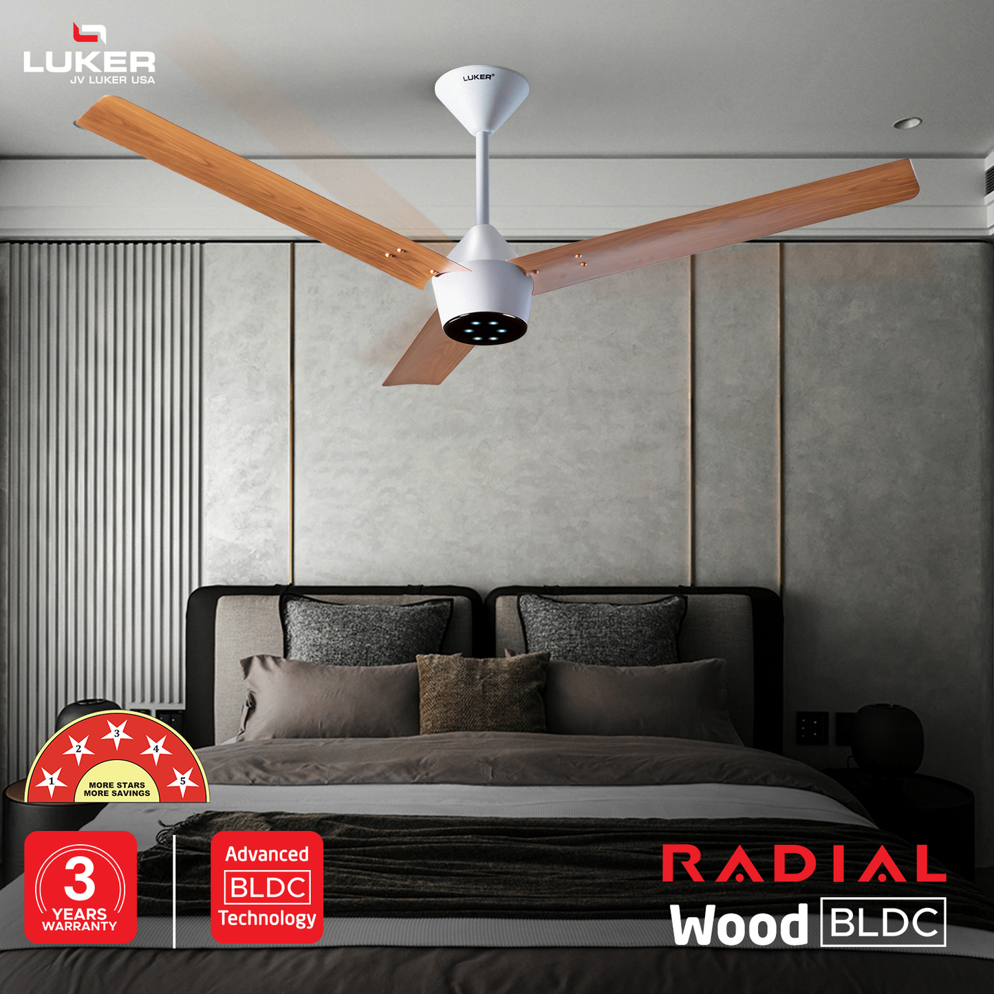 Radial Wood BLDC Ceiling Fan with IR Remote | 3-Year Warranty | 1200 mm
