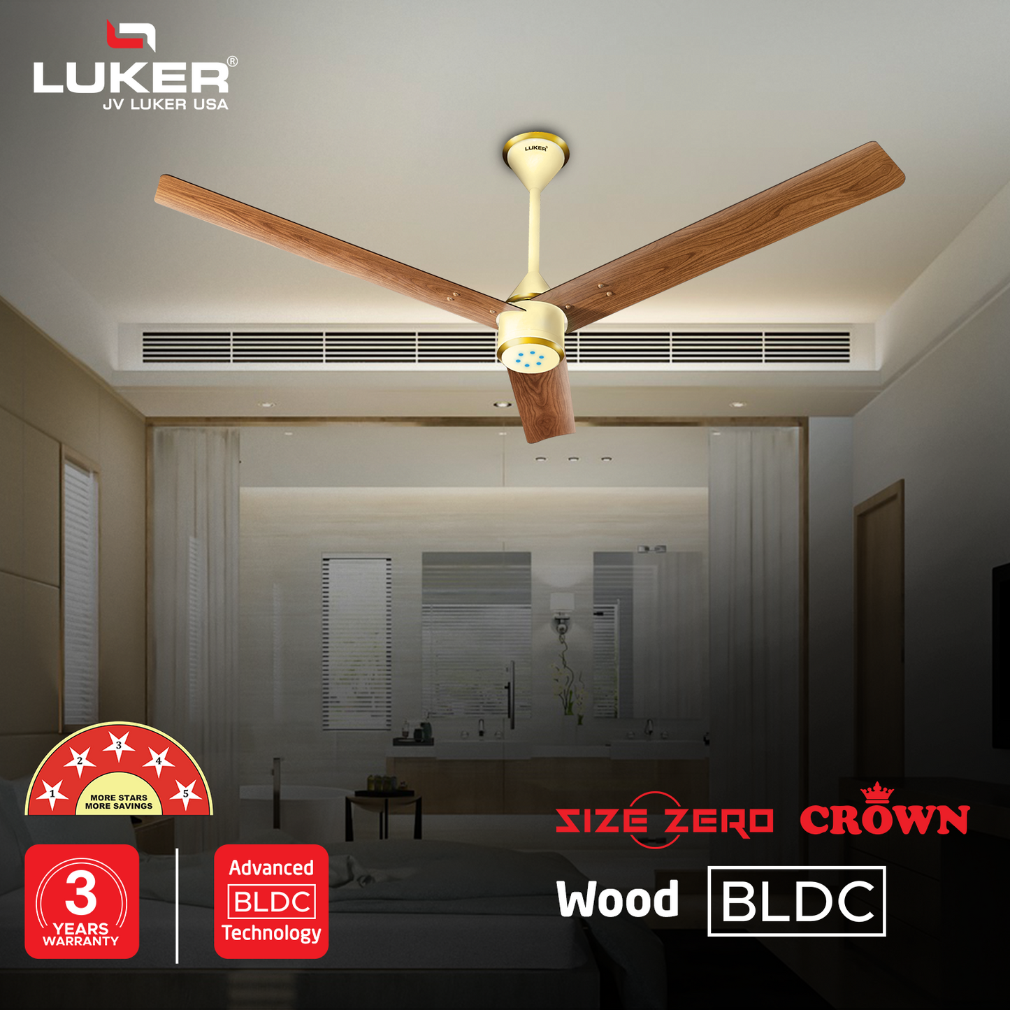 Size Zero Crown Wood BLDC Fan with IR Remote | 3-Year Warranty | 1200 mm | White Teakwood White Copper Finish
