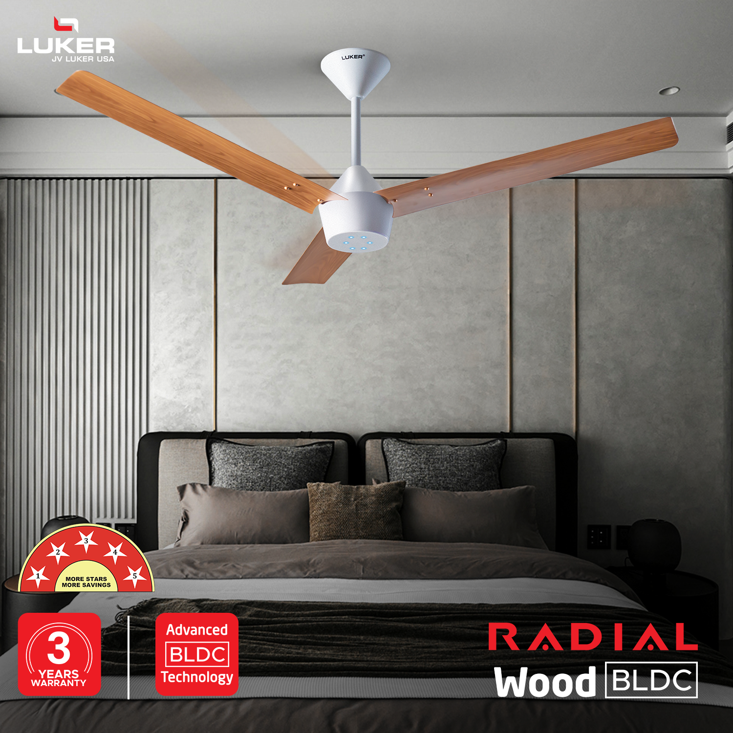 Radial Wood BLDC Ceiling Fan with IR Remote | 3-Year Warranty | 1200 mm