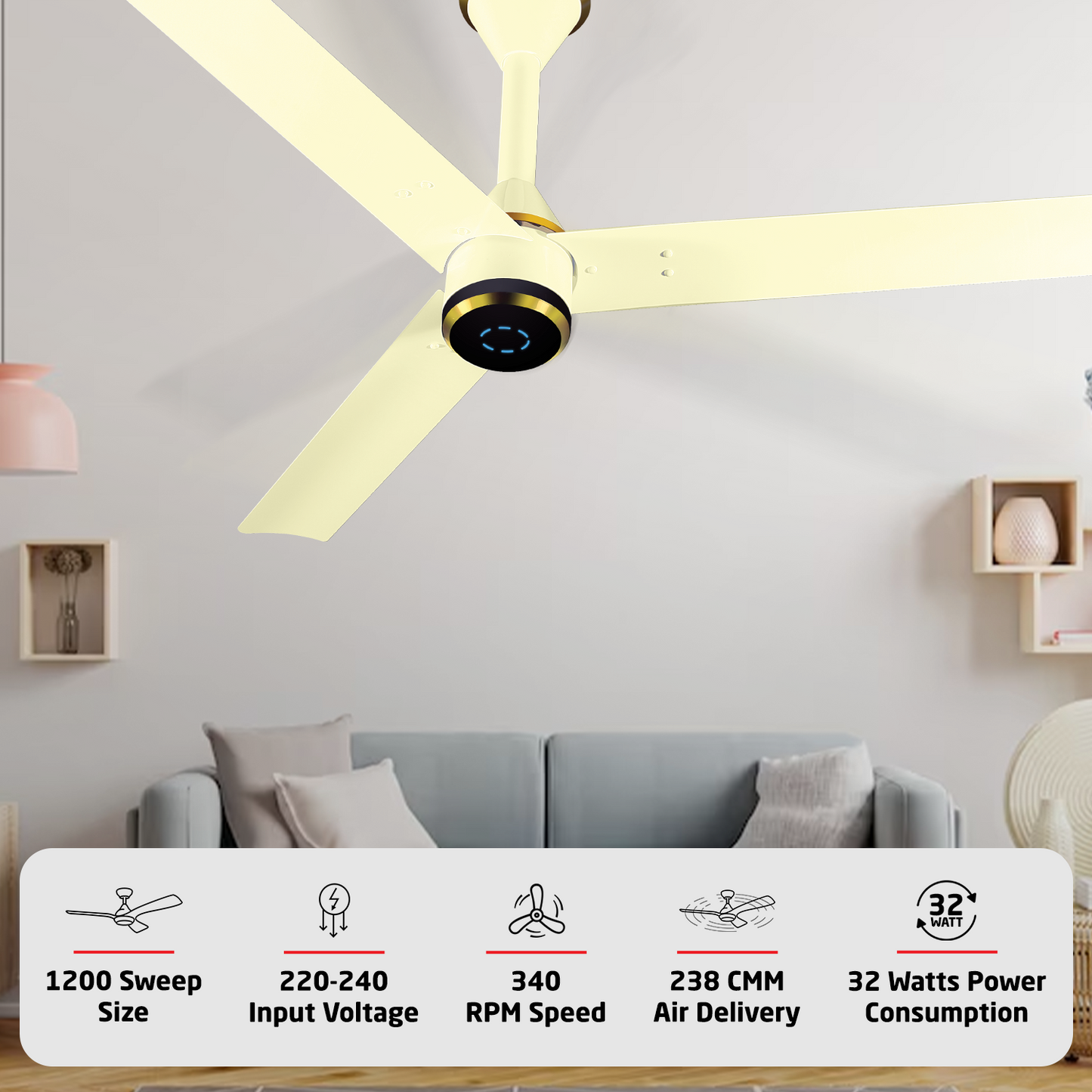 Size Zero Crown Plus BLDC Fan with IR Remote | 3-Year Warranty | 1200 mm | White White Black Copper Finish