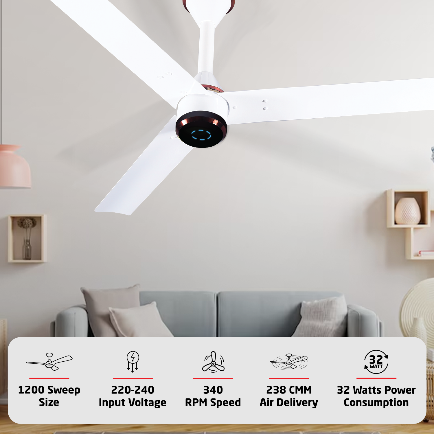 Size Zero Crown Plus BLDC Fan with IR Remote | 3-Year Warranty | 1200 mm | White White Black Copper Finish