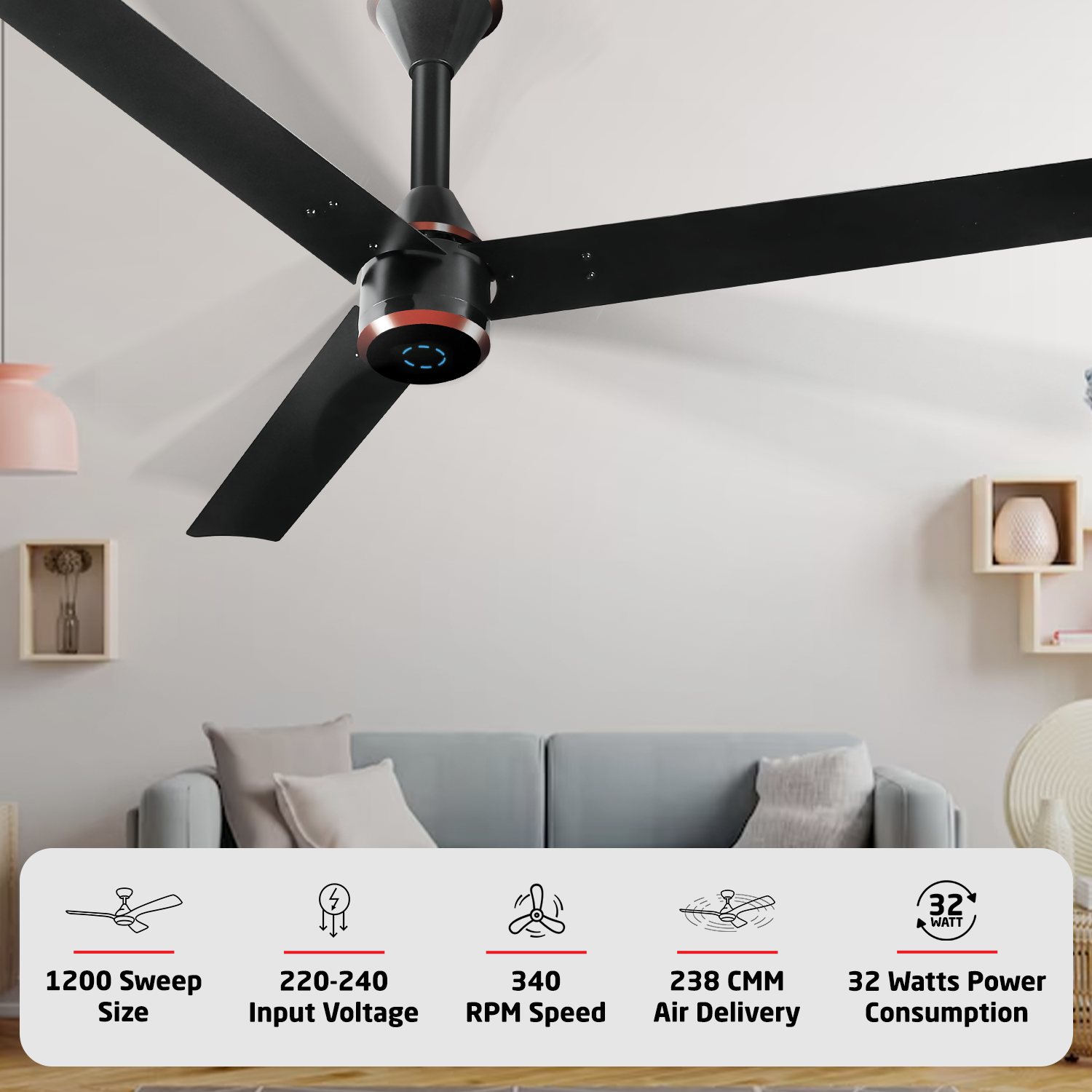 Size Zero Crown Plus BLDC Fan with IR Remote | 3-Year Warranty | 1200 mm | White White Black Copper Finish