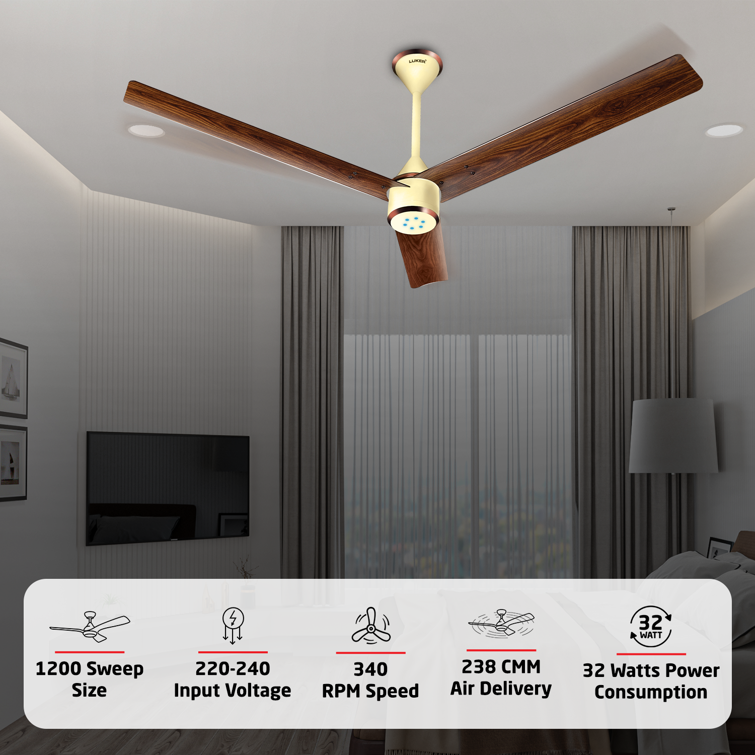 Size Zero Crown Wood BLDC Fan with IR Remote | 3-Year Warranty | 1200 mm | White Teakwood White Copper Finish