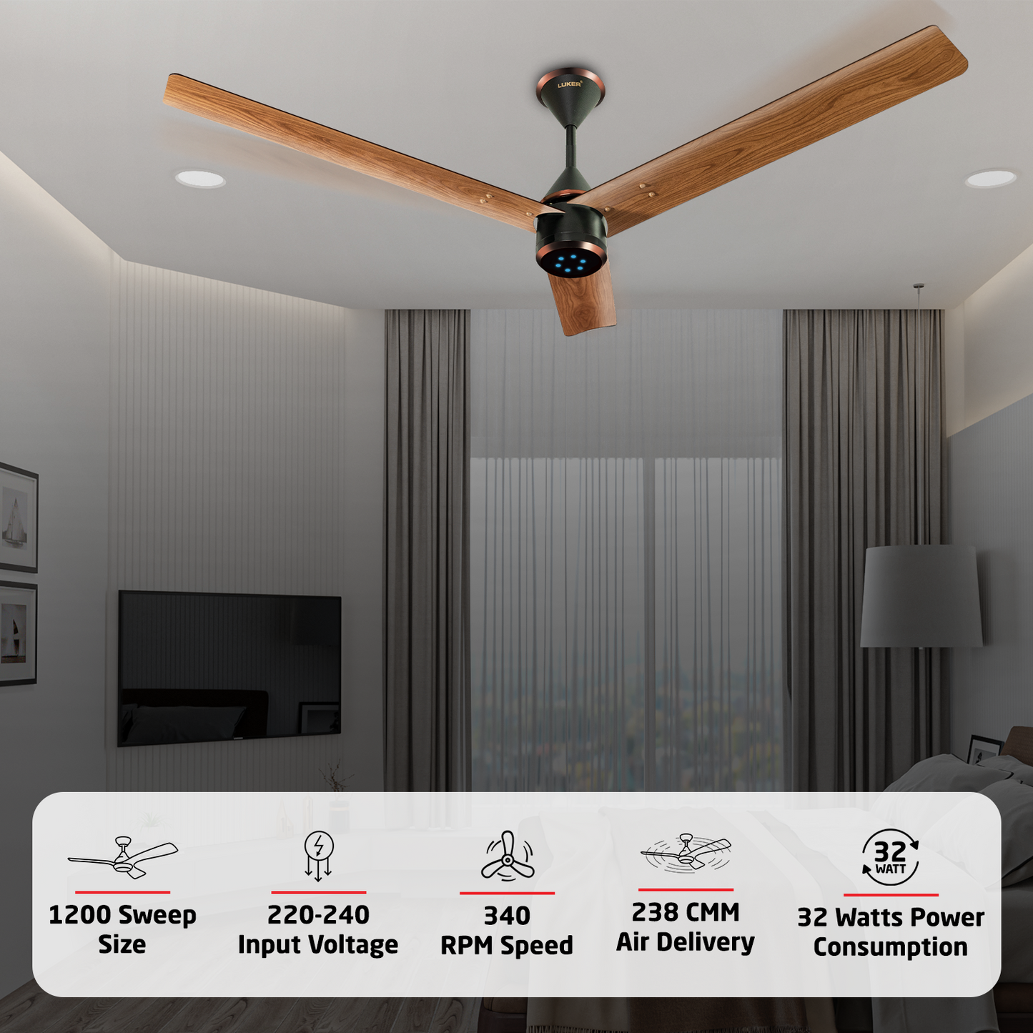 Size Zero Crown Wood BLDC Fan with IR Remote | 3-Year Warranty | 1200 mm | White Teakwood White Copper Finish