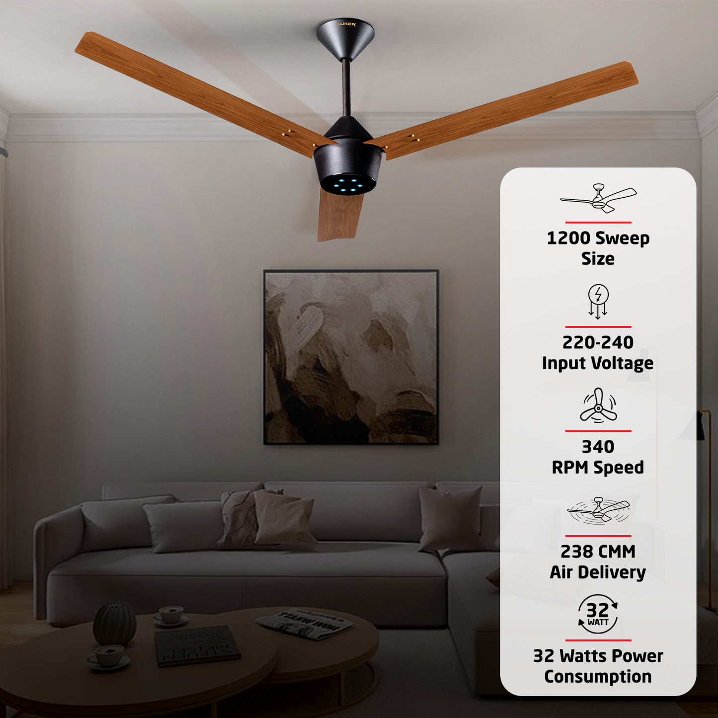 Radial Wood BLDC Ceiling Fan with IR Remote | 3-Year Warranty | 1200 mm