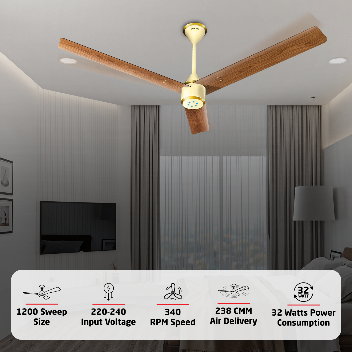 Size Zero Crown Wood BLDC Fan with IR Remote | 3-Year Warranty | 1200 mm | White Teakwood White Copper Finish
