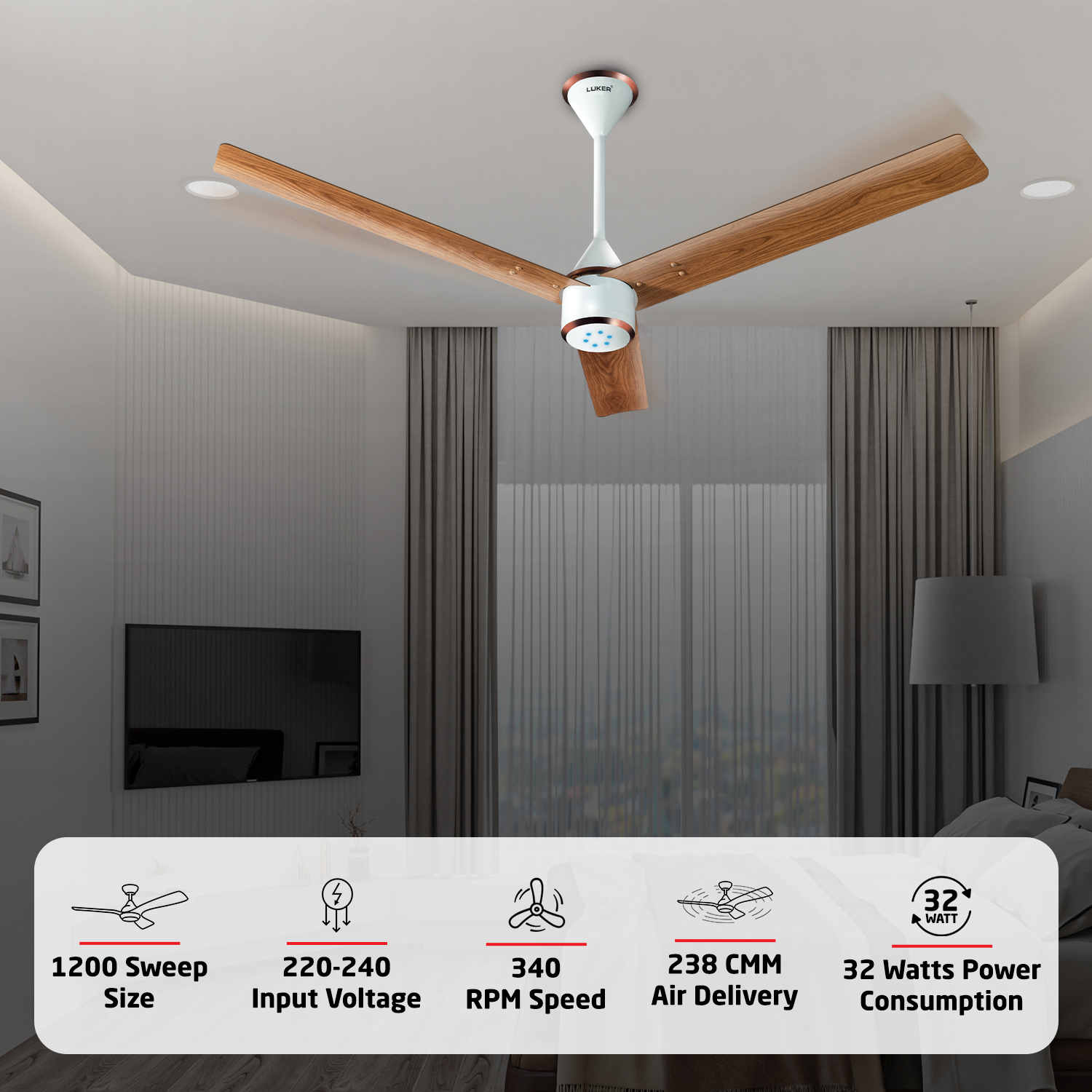 Size Zero Crown Wood BLDC Fan with IR Remote | 3-Year Warranty | 1200 mm | White Teakwood White Copper Finish