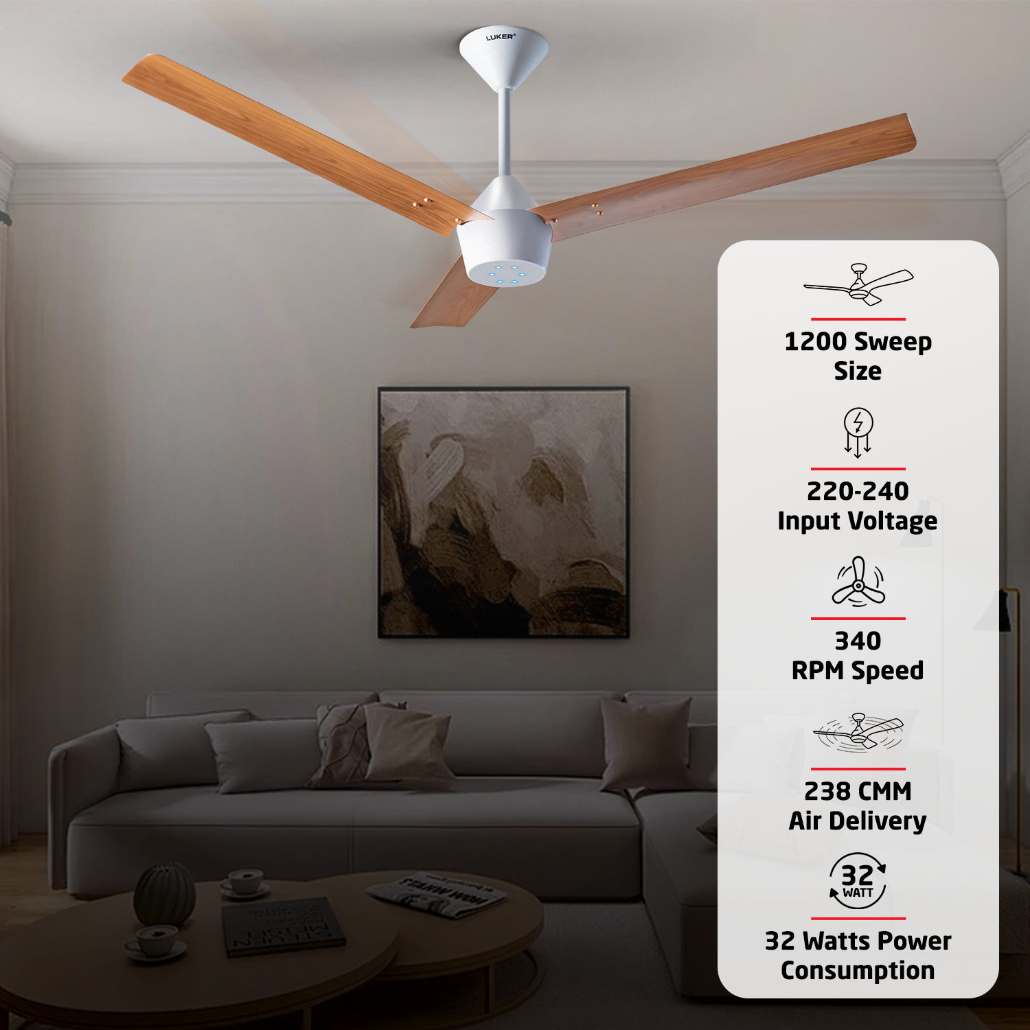 Radial Wood BLDC Ceiling Fan with IR Remote | 3-Year Warranty | 1200 mm