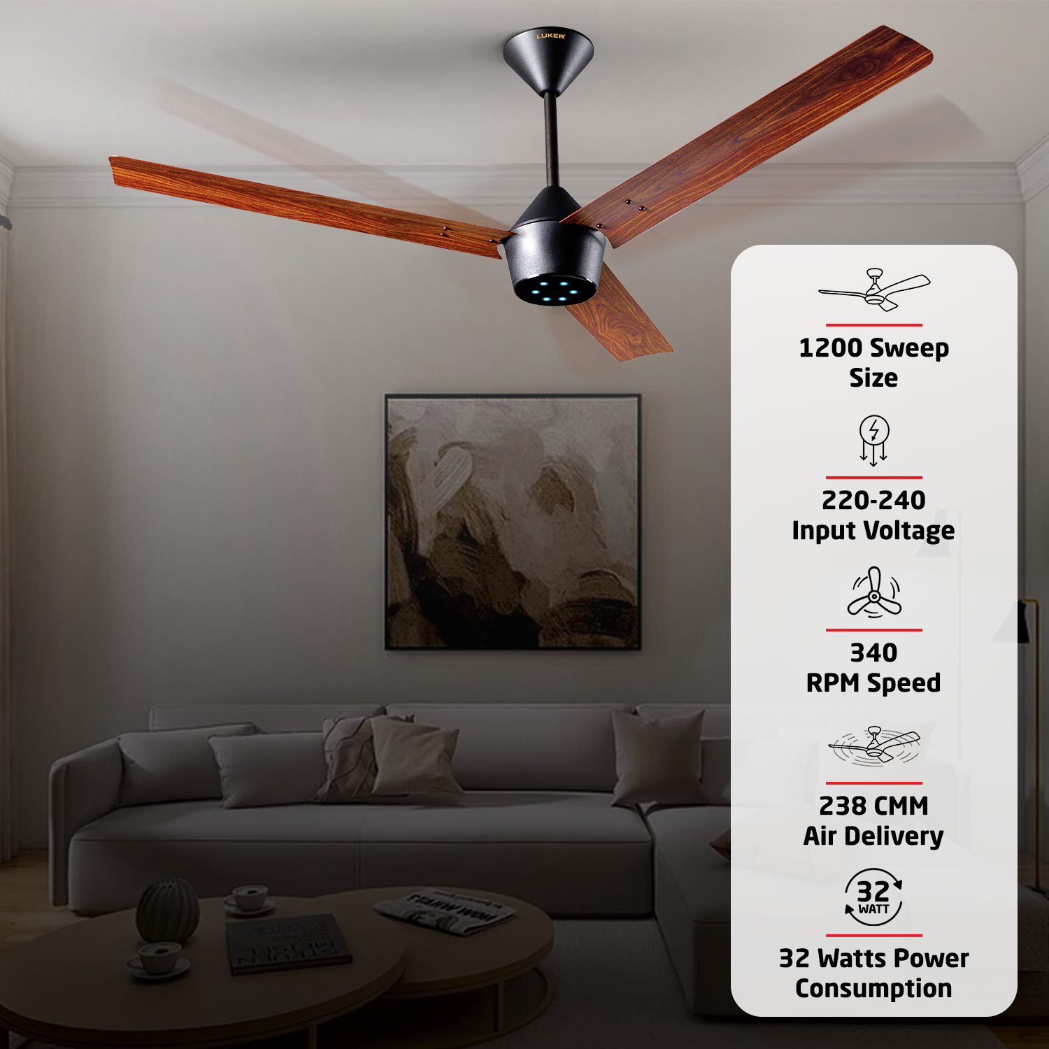 Radial Wood BLDC Ceiling Fan with IR Remote | 3-Year Warranty | 1200 mm