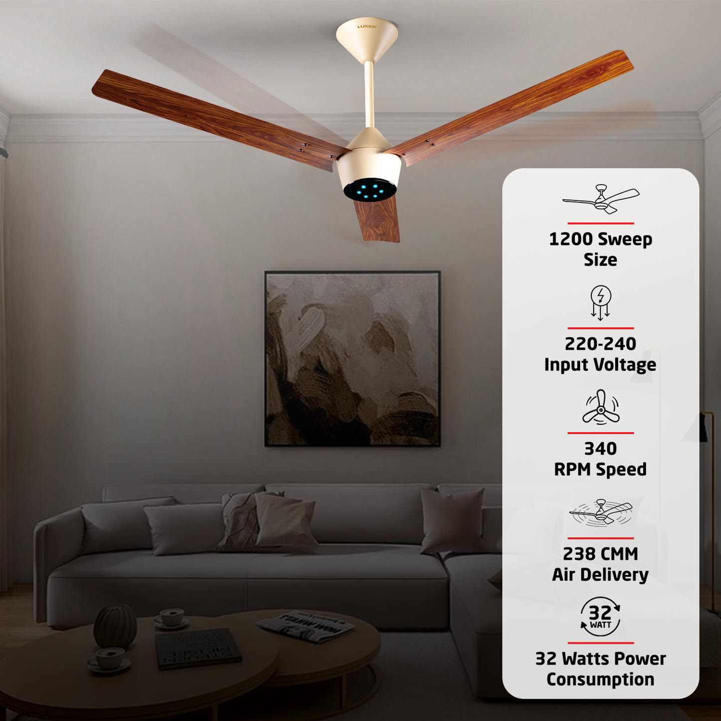 Radial Wood BLDC Ceiling Fan with IR Remote | 3-Year Warranty | 1200 mm
